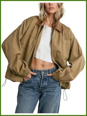 Women's Barn Jacket Corduroy Collar Zip Utility Jacket Cinchable Hem Workwear